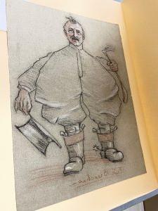 滑稽的画一个男人的胡子和后退的发际线, 谁的裤子长到他的领口. 他左手拿着一顶大礼帽和一根马鞭[?在他的左边. 没有签署.