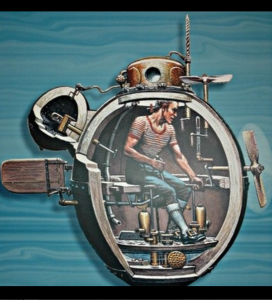 一个人在一个圆形机械装置里的图画. 他周围有很多杠杆和管子. 两个螺旋桨在设备的左侧和顶部，一个方向舵在右侧. 