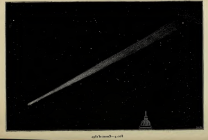 黑色的背景上有灰色的星星. 在图片的左下方有一个小的圆顶建筑. 这幅图像的前景是一颗彗星，它有一个圆形的头部和一条开始变窄然后变宽的尾巴. 尾巴很长，并逐渐向后面退去.
