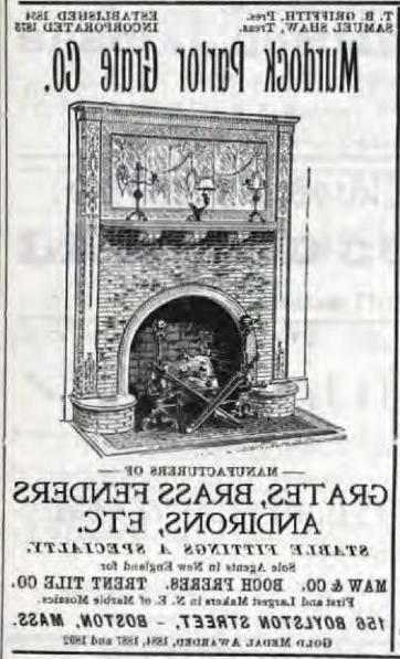 一个黑白广告的图像. 这页的顶部和底部都有文字. 中间是一幅砖砌壁炉和壁炉罩的画. 