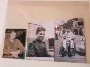塞缪尔·巴雷斯的黑白系列照片. 从左到右:萨米穿着制服坐在轮椅上在大西洋城的木板路上, 萨米穿着制服坐了下来, 萨米戴着眼镜坐在病房的椅子上.