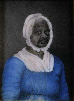 <p>Painted portrait of a middle aged Black woman, wearing a blue dress with a white wrap at the neck, 白色的帽子, and a gold beaded necklace around her collar.</p>