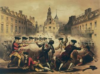 波士顿大屠杀的平版版画, 展示了英国士兵和殖民者与克里斯普斯·阿塔克斯之间的战斗, 一个黑人和土著人, 在前面和中间.
