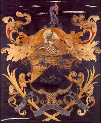Cobb family arms [needlework picture] Needlework (including black silk, silk and gilt thread, beads)