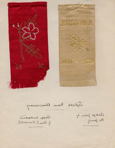 丝带徽章(两个)与第五十届鲍迪奇家族圣诞节庆祝活动有关，1886年 