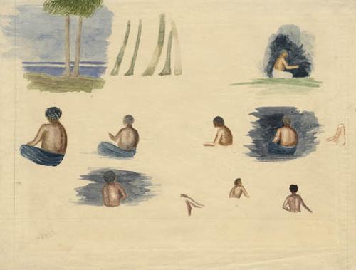 [在一页纸上对游泳者的八项研究和对海滩上棕榈树的一项研究，1891年?纸上水彩画