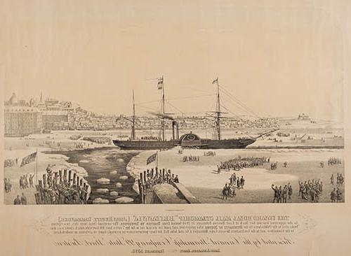 卡纳德皇家邮政轮船“不列颠尼亚”号(约翰·休伊特), 1844年2月3日，当她离开东波士顿码头，从波士顿驶往利物浦时 ... 平版印刷